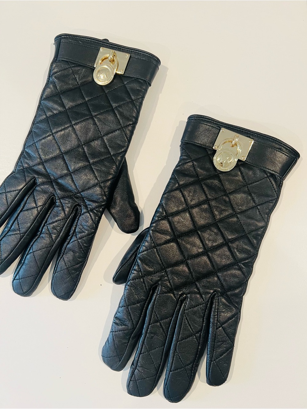 MICHAEL Michael Kors Black Quilted Leather Gloves with Silver Logo Charm